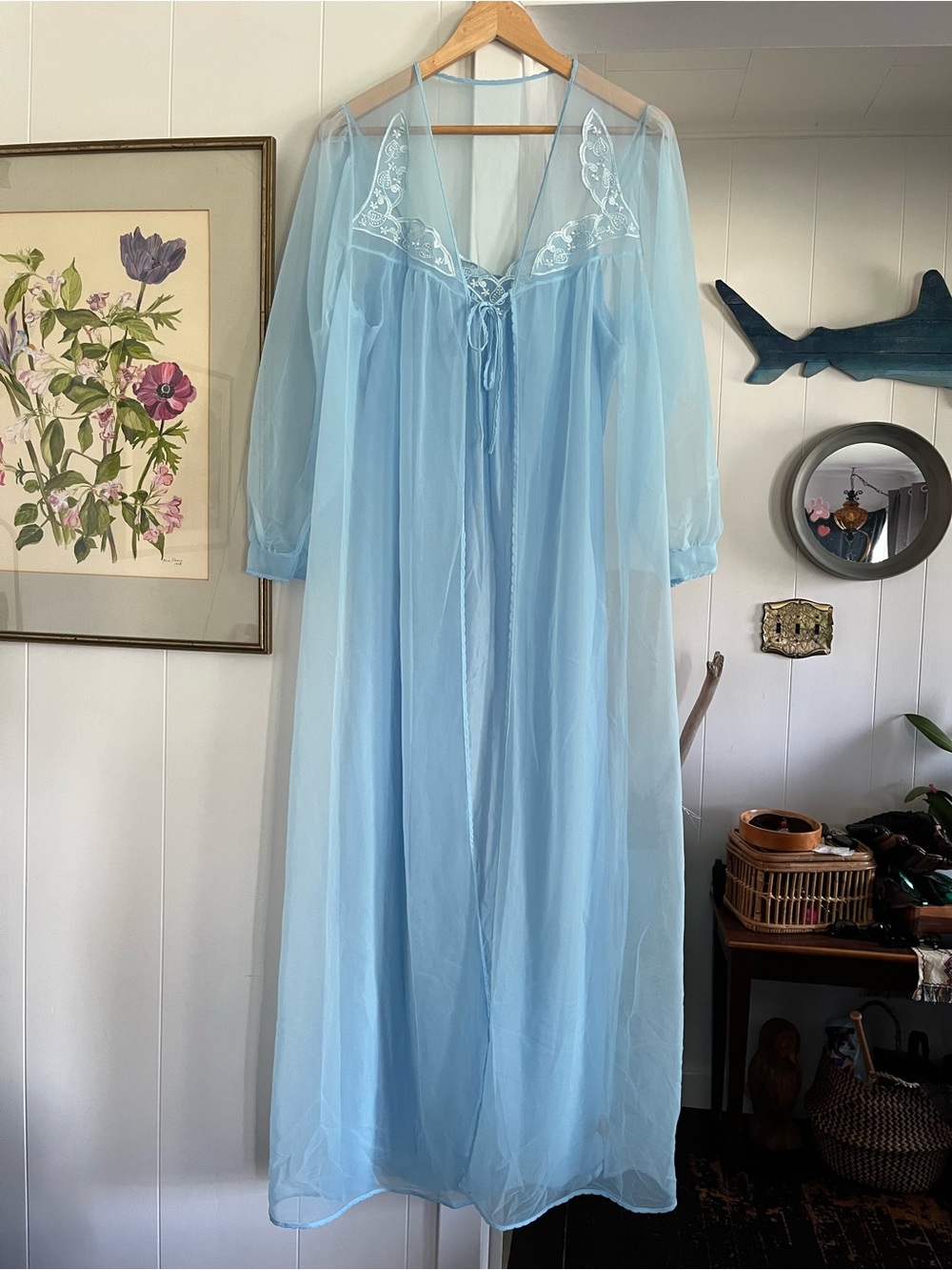 Vintage Peignoir Robe Nightgown Dress Chiffon Nylon Baby Blue Lingerie Set Gown